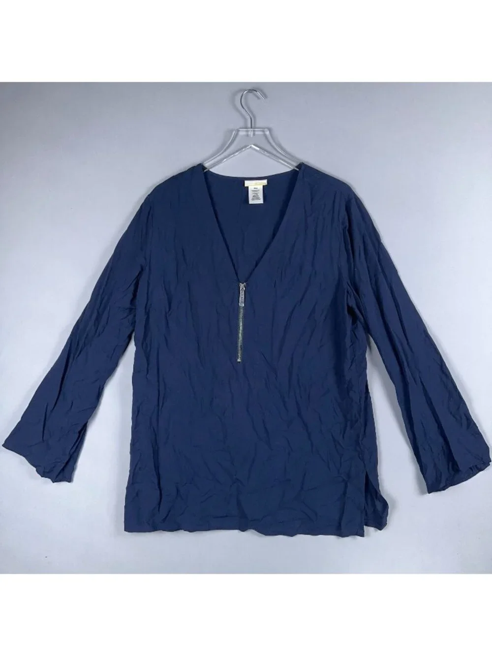 Michael Kors Tunic Blouse Top Size Large Navy Long Sleeve Quarter Zip V Neck